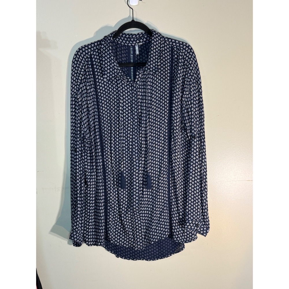 Rip Curl Navy Blue White Geometric Tassel Crochet Trim Boho Blouse Large